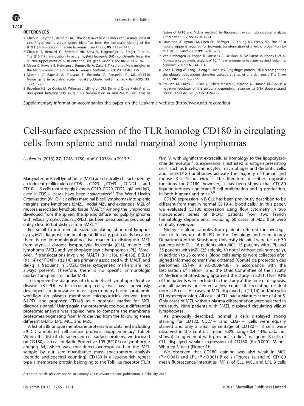 Cell-Surface Expression of the TLR Homolog CD180 in Circulating Cells from Splenic and Nodal Marginal Zone Lymphomas