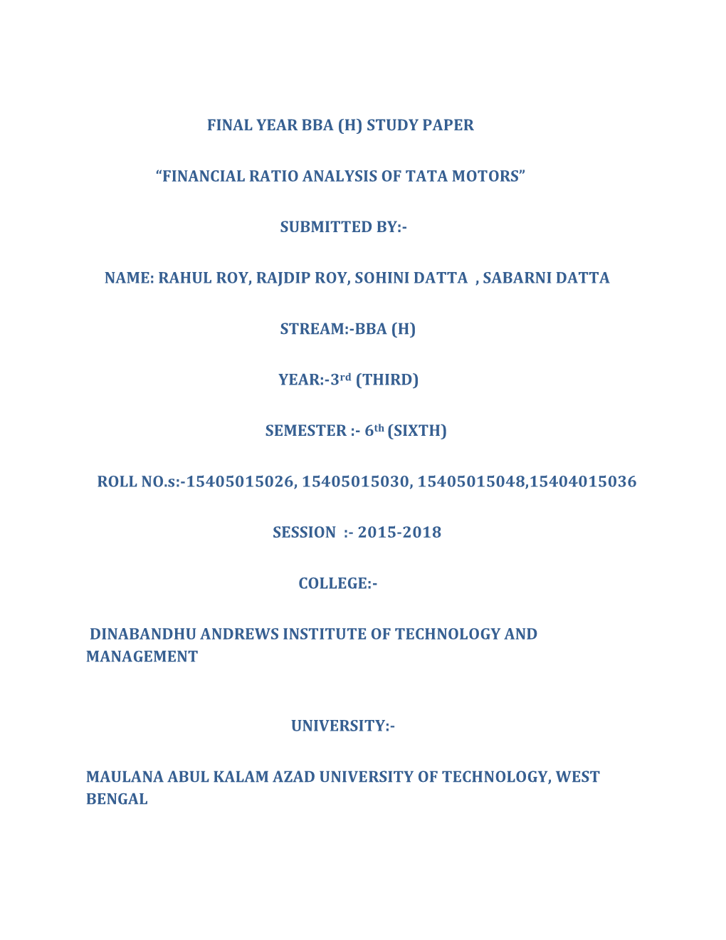 Study Paper “Financial Ratio Analysis of Tata Motors”