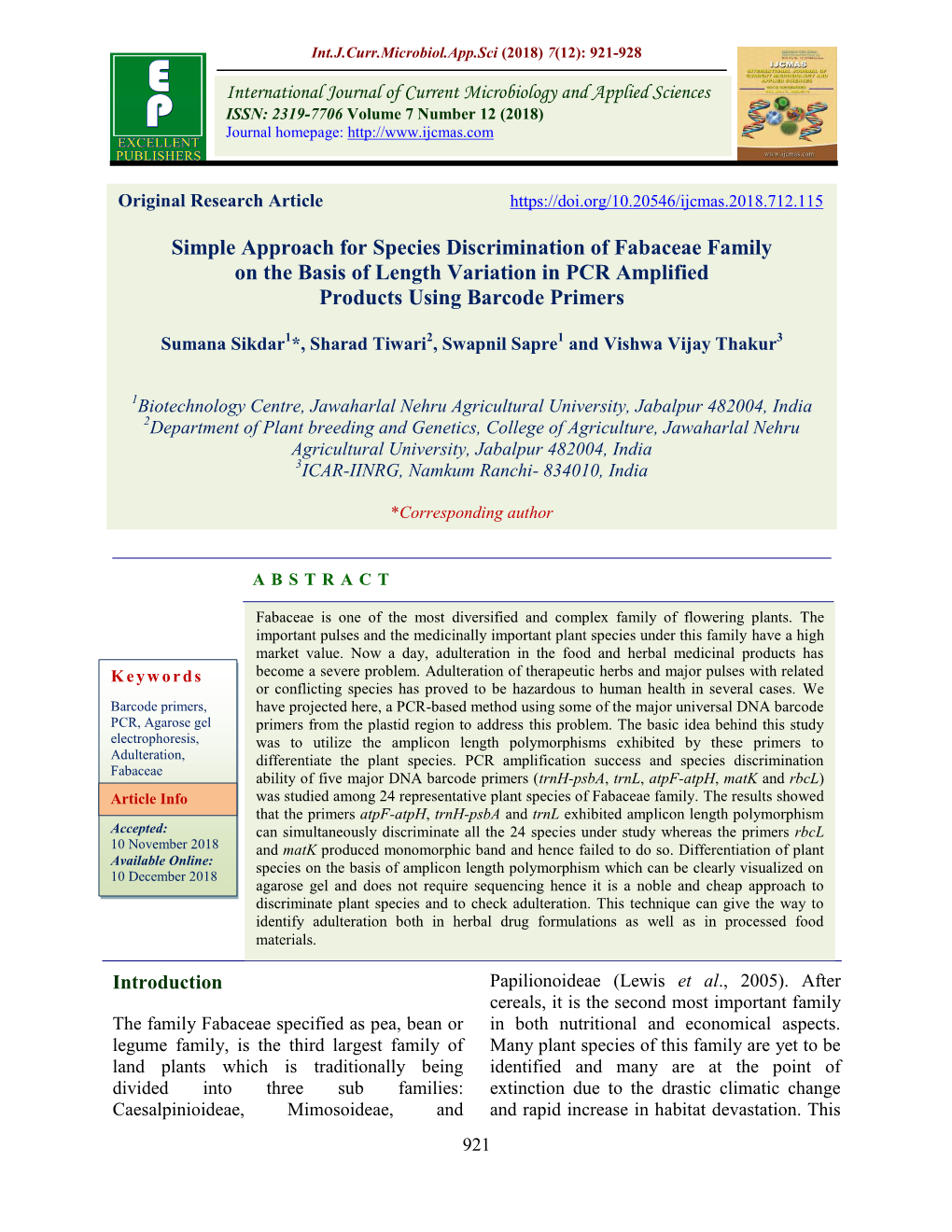 Simple Approach for Species Discrimination of Fabaceae Family on the Basis of Length Variation in PCR Amplified Products Using Barcode Primers