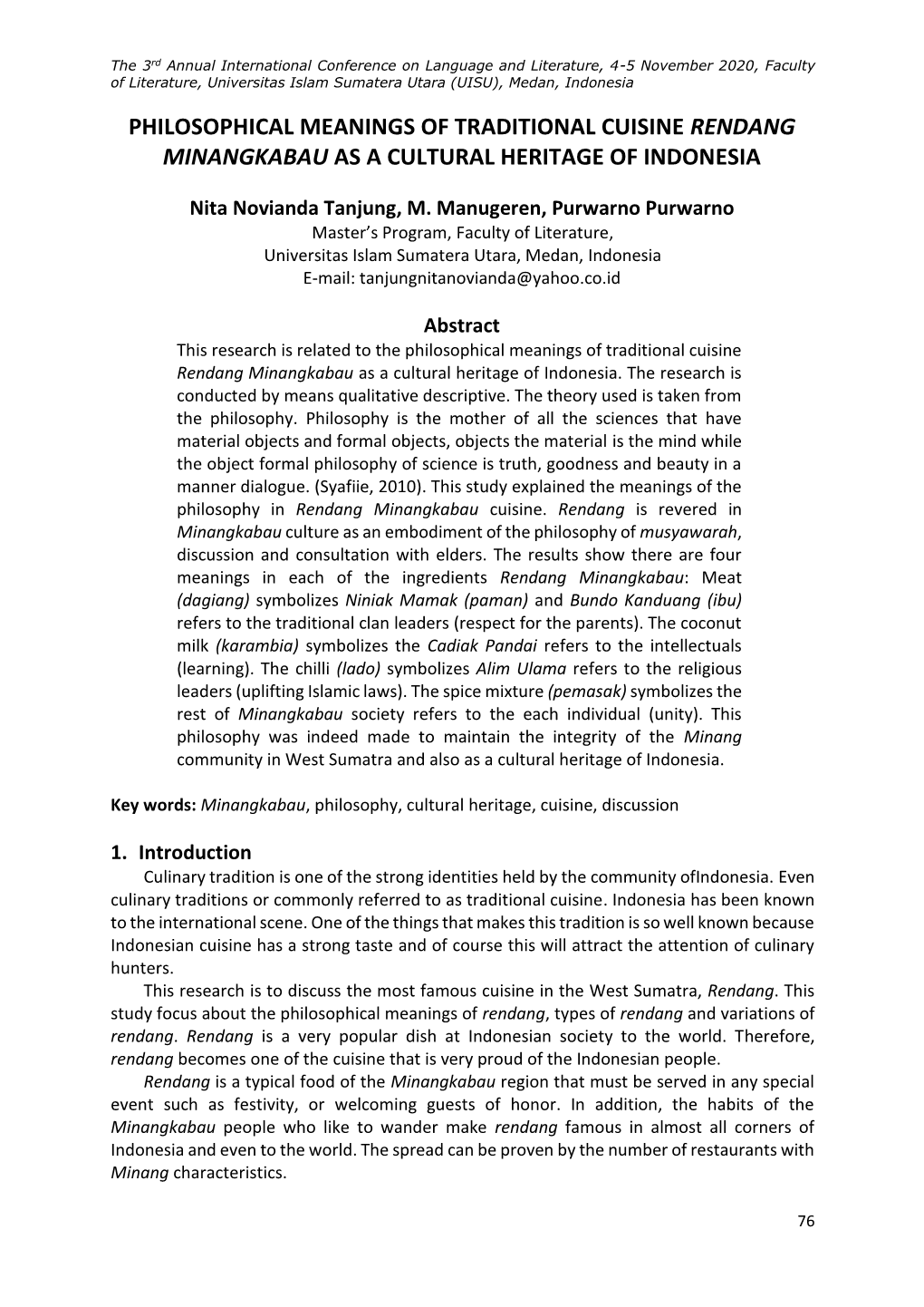 Philosophical Meanings of Traditional Cuisine Rendang Minangkabau As a Cultural Heritage of Indonesia