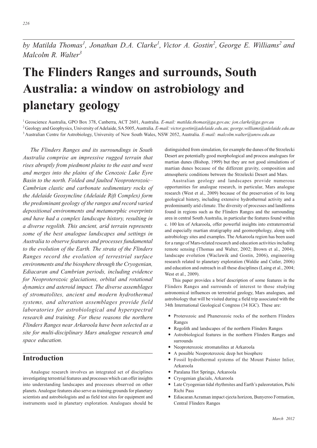 The Flinders Ranges and Surrounds, South Australia: a Window on Astrobiology and Planetary Geology