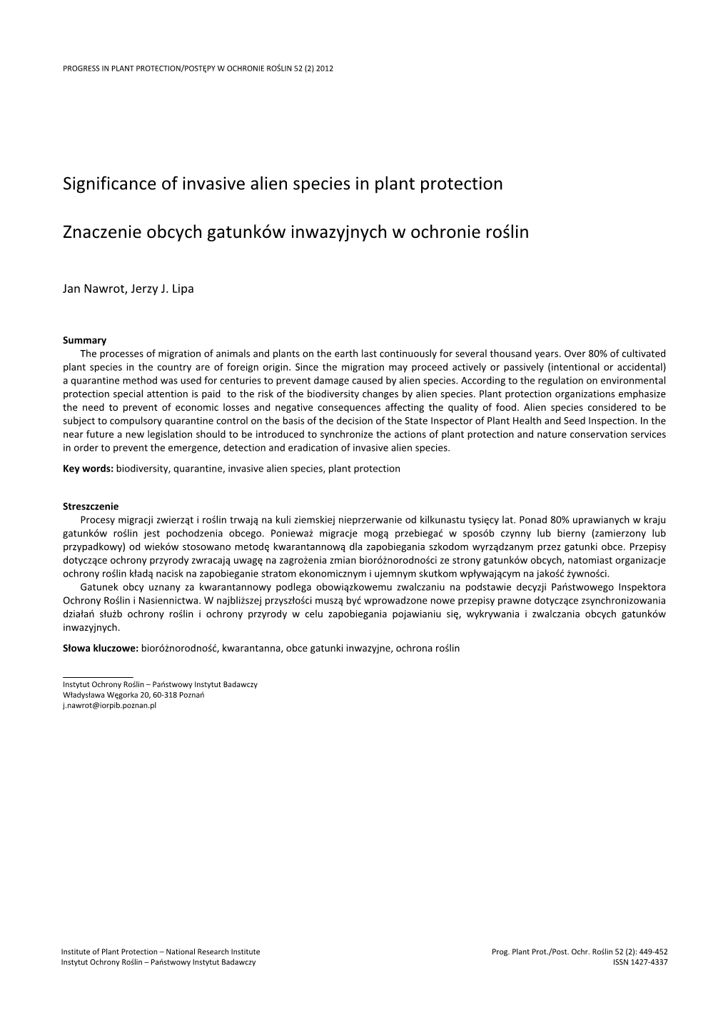 Significance of Invasive Alien Species in Plant Protection Znaczenie