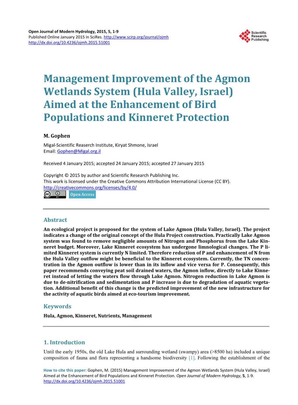 Management Improvement of the Agmon Wetlands System (Hula Valley, Israel) Aimed at the Enhancement of Bird Populations and Kinneret Protection