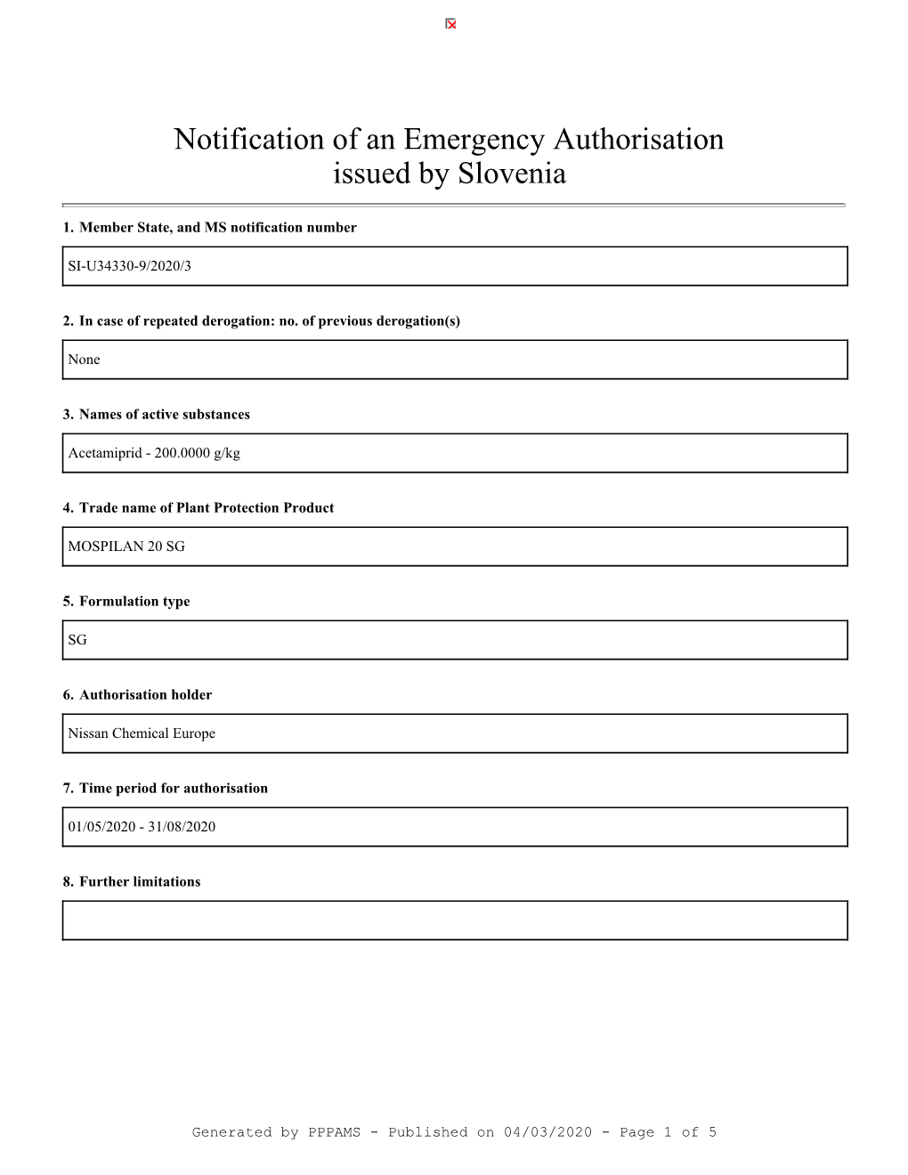 Notification of an Emergency Authorisation Issued by Slovenia