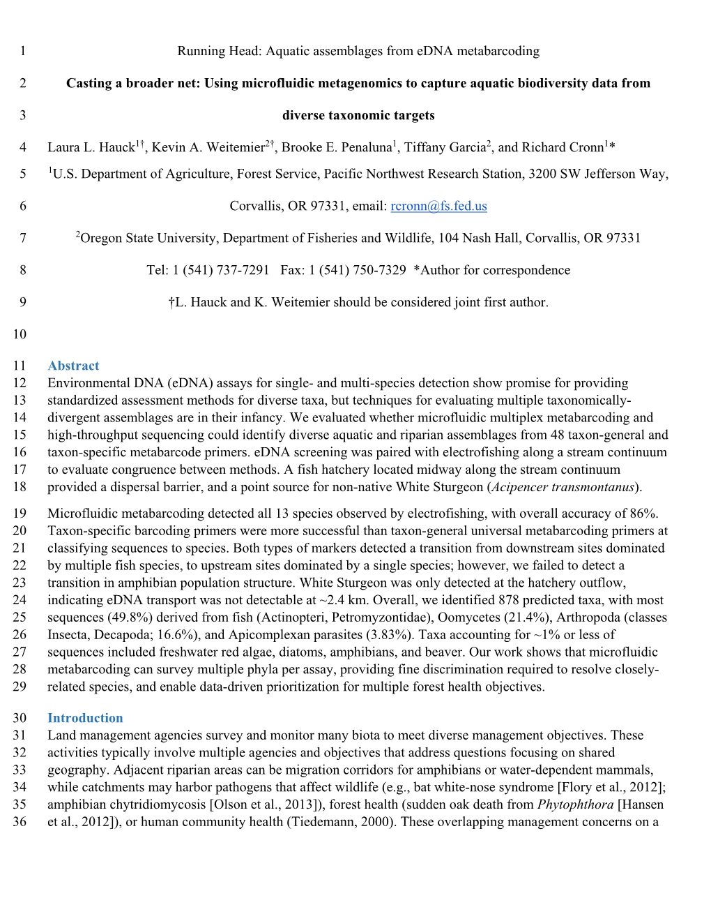 Aquatic Assemblages from Edna Metabarcoding 1 Casting a Broader