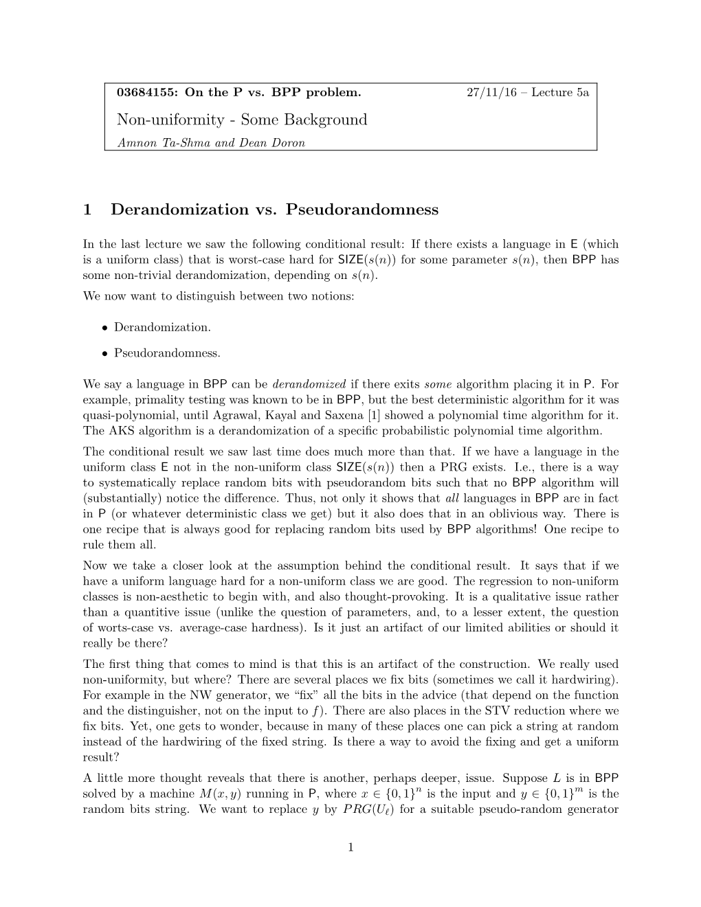 Lecture 5A Non-Uniformity - Some Background Amnon Ta-Shma and Dean Doron