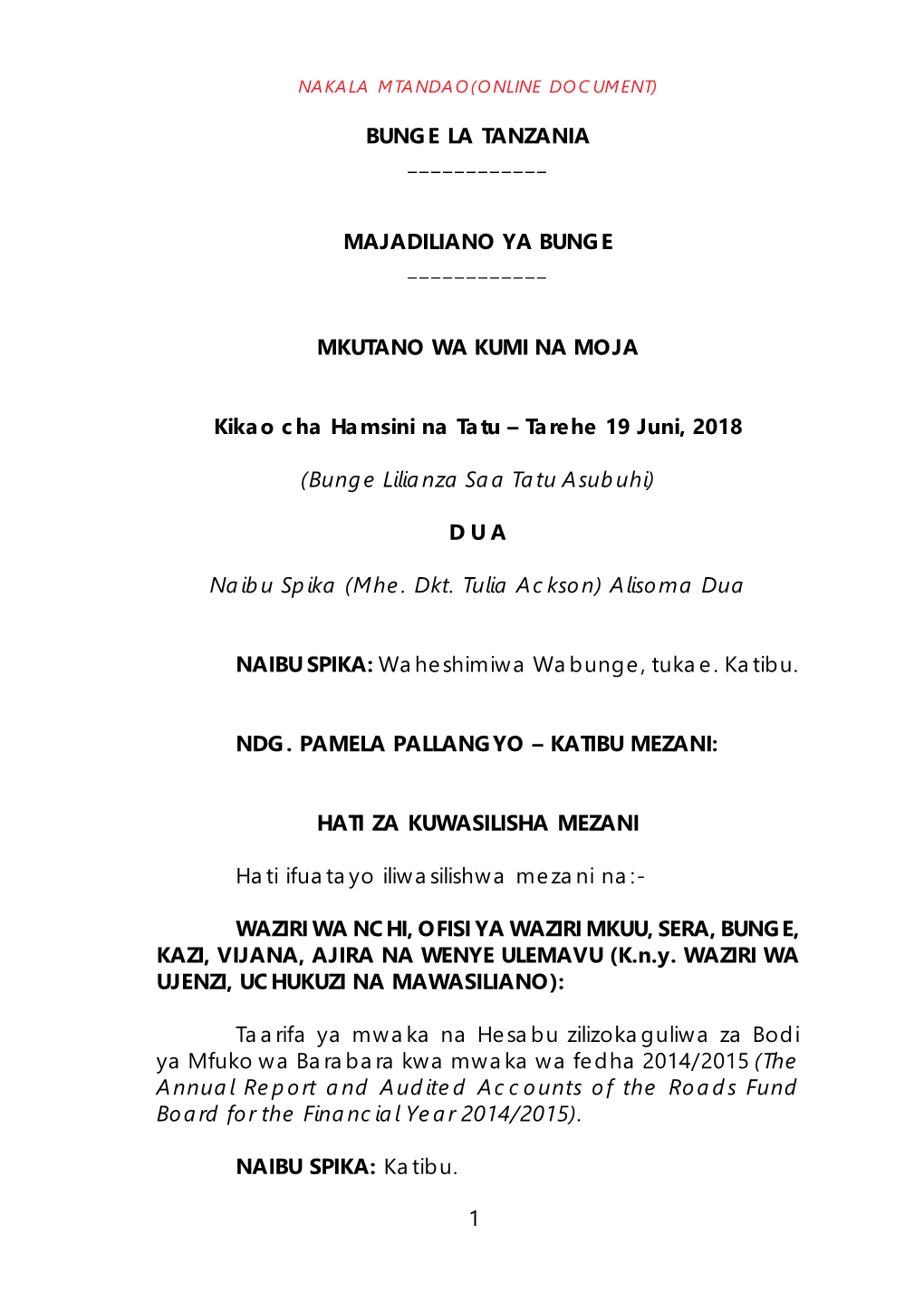 MAJADILIANO YA BUNGE ___MKUTANO WA KUMI NA MOJA Kikao Cha Hamsini Na Tatu