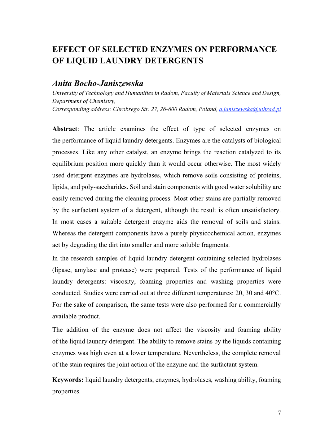 Effect of Selected Enzymes on Performance of Liquid Laundry Detergents