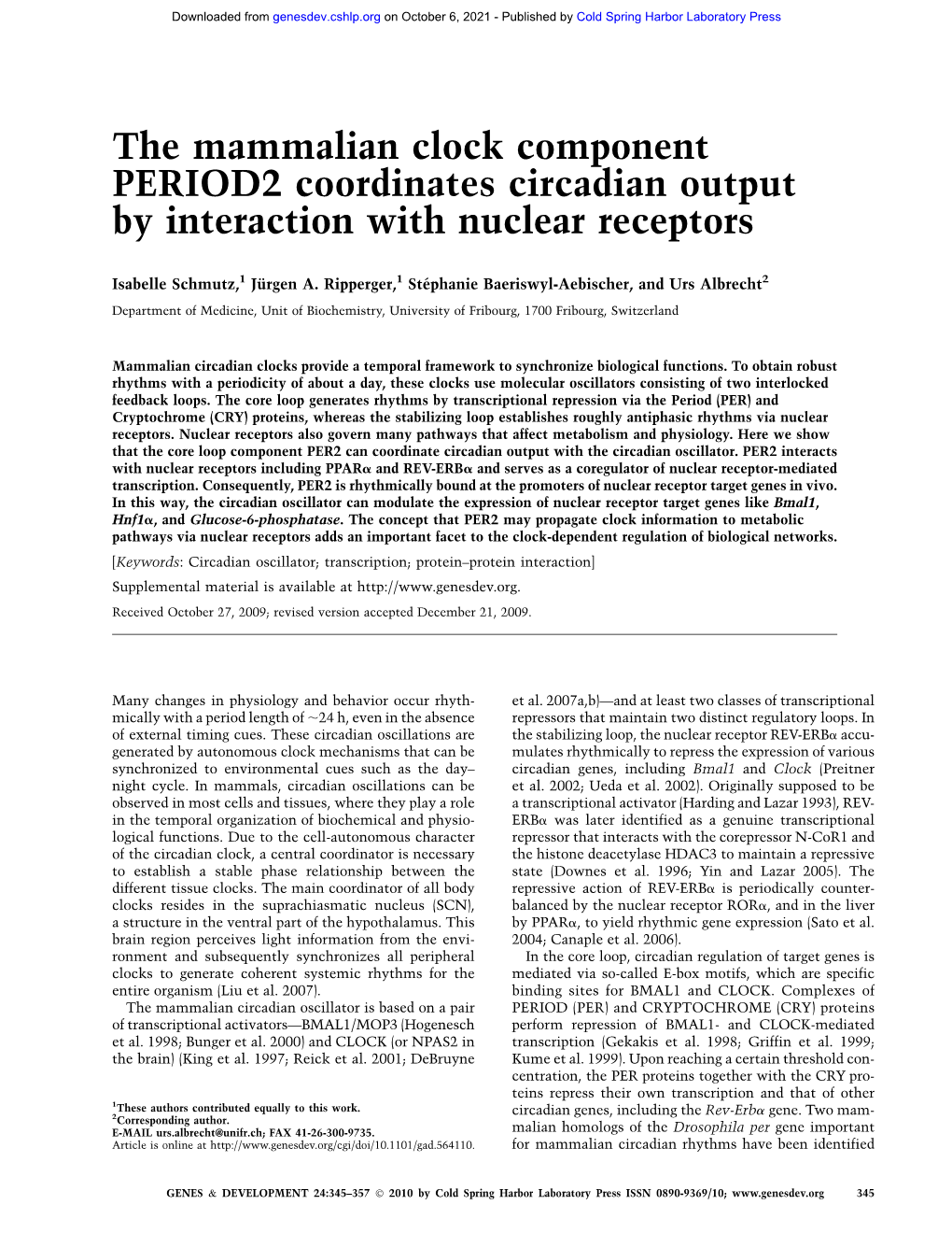 The Mammalian Clock Component PERIOD2 Coordinates Circadian Output by Interaction with Nuclear Receptors