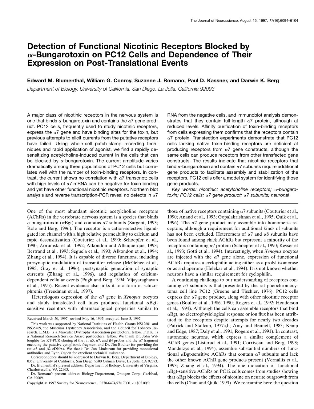 Detection of Functional Nicotinic Receptors Blocked by ␣-Bungarotoxin on PC12 Cells and Dependence of Their Expression on Post-Translational Events