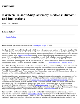 Northern Ireland's Snap Assembly Elections: Outcome and Implications