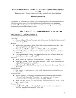INTERNATIONAL RELATIONS READING LIST for COMPREHENSIVE EXAMS Department of Political Science, University of California – Santa Barbara