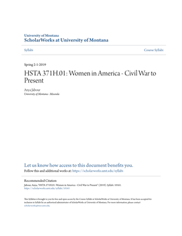 HSTA 371H.01: Women in America - Civil War to Present Anya Jabour University of Montana - Missoula