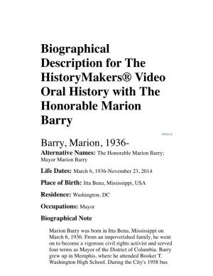 Biographical Description for the Historymakers® Video Oral History with the Honorable Marion Barry