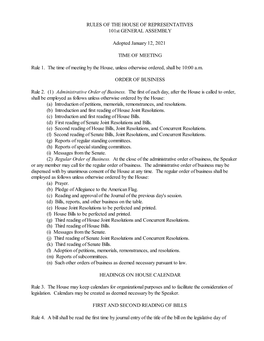 RULES of the HOUSE of REPRESENTATIVES 101St GENERAL ASSEMBLY