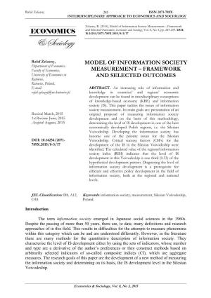 Model of Information Society Measurement – Framework and Selected Outcomes, Economics and Sociology, Vol
