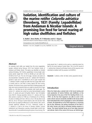 Isolation, Identification and Culture of the Marine Rotifer Colurella Adriatica
