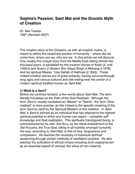 Sophia's Passion: Sant Mat and the Gnostic Myth of Creation