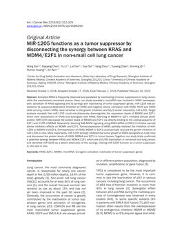 Original Article Mir-1205 Functions As a Tumor Suppressor by Disconnecting the Synergy Between KRAS and MDM4/E2F1 in Non-Small Cell Lung Cancer