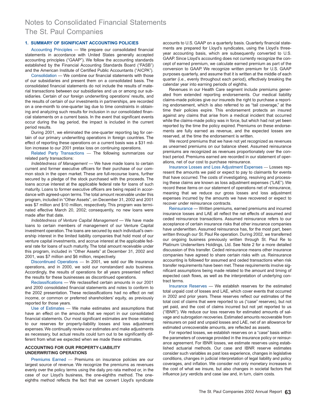 Notes to Consolidated Financial Statements the St. Paul Companies