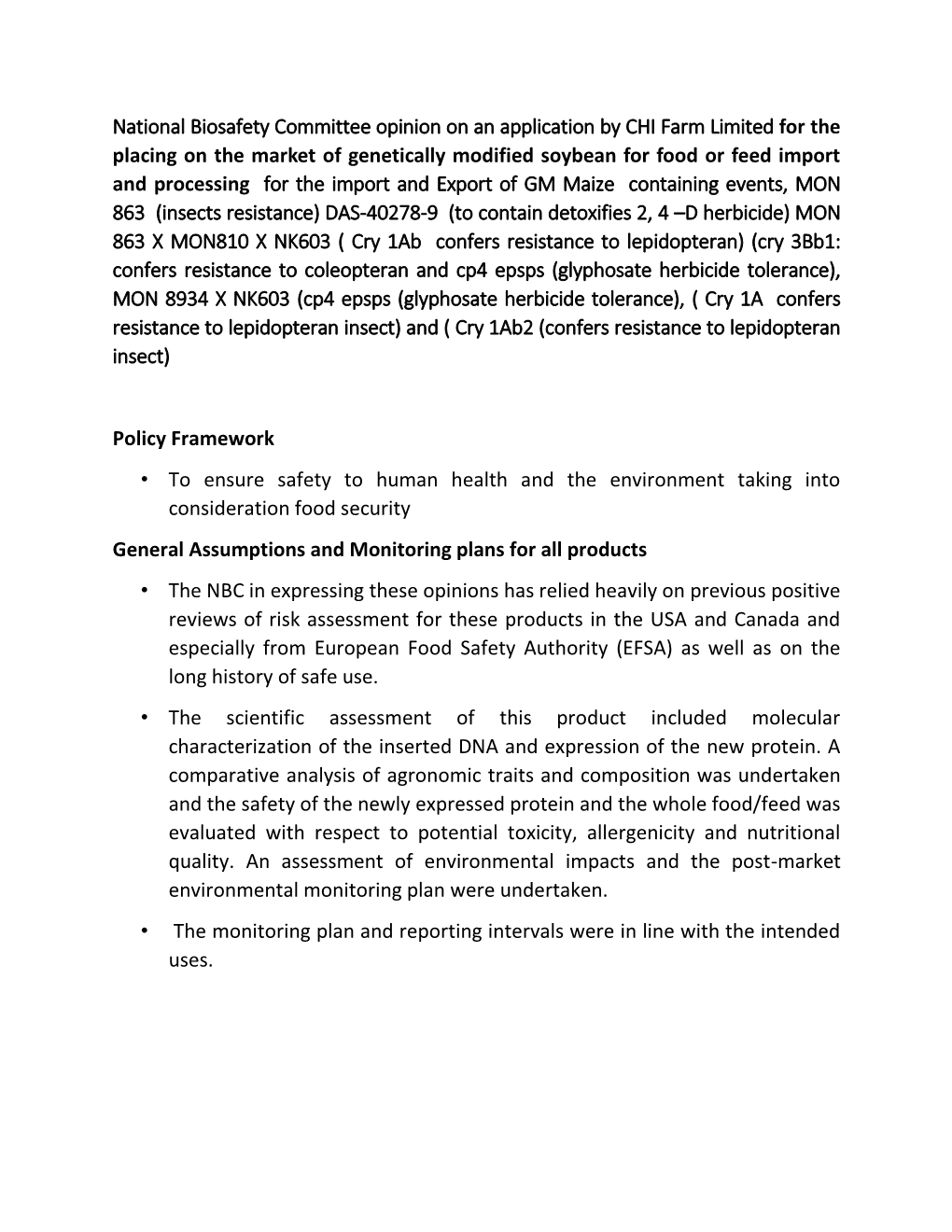 National Biosafety Committee Opinion on an Application by CHI Farm