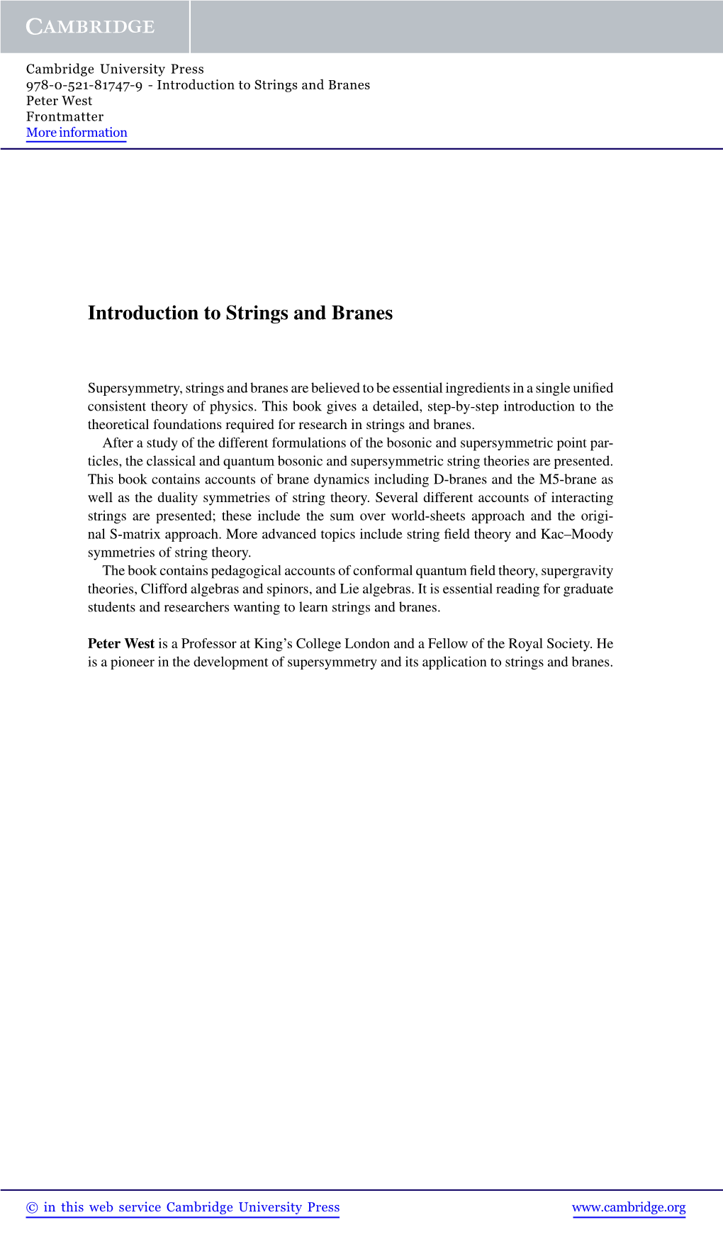 Introduction to Strings and Branes Peter West Frontmatter More Information