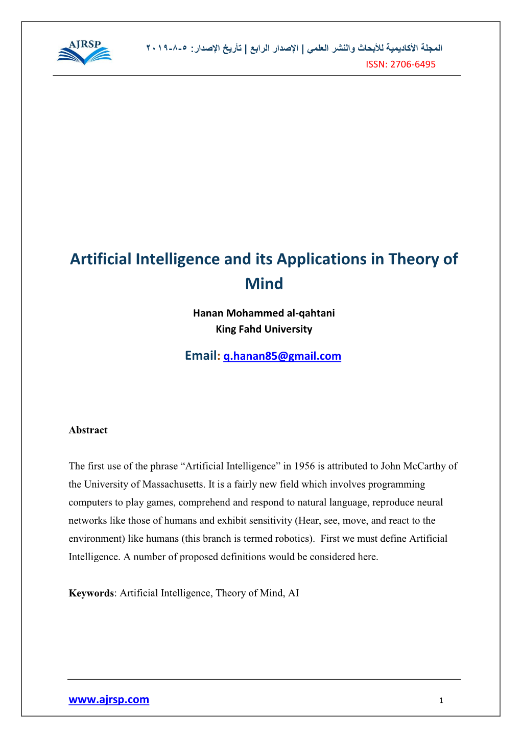Artificial Intelligence and Its Applications in Theory of Mind