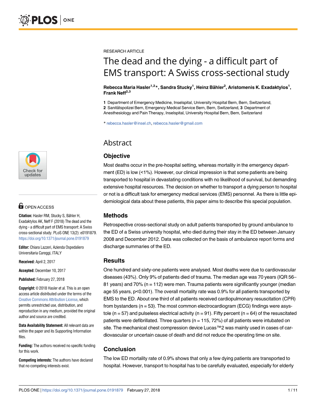 A Difficult Part of EMS Transport: a Swiss Cross-Sectional Study