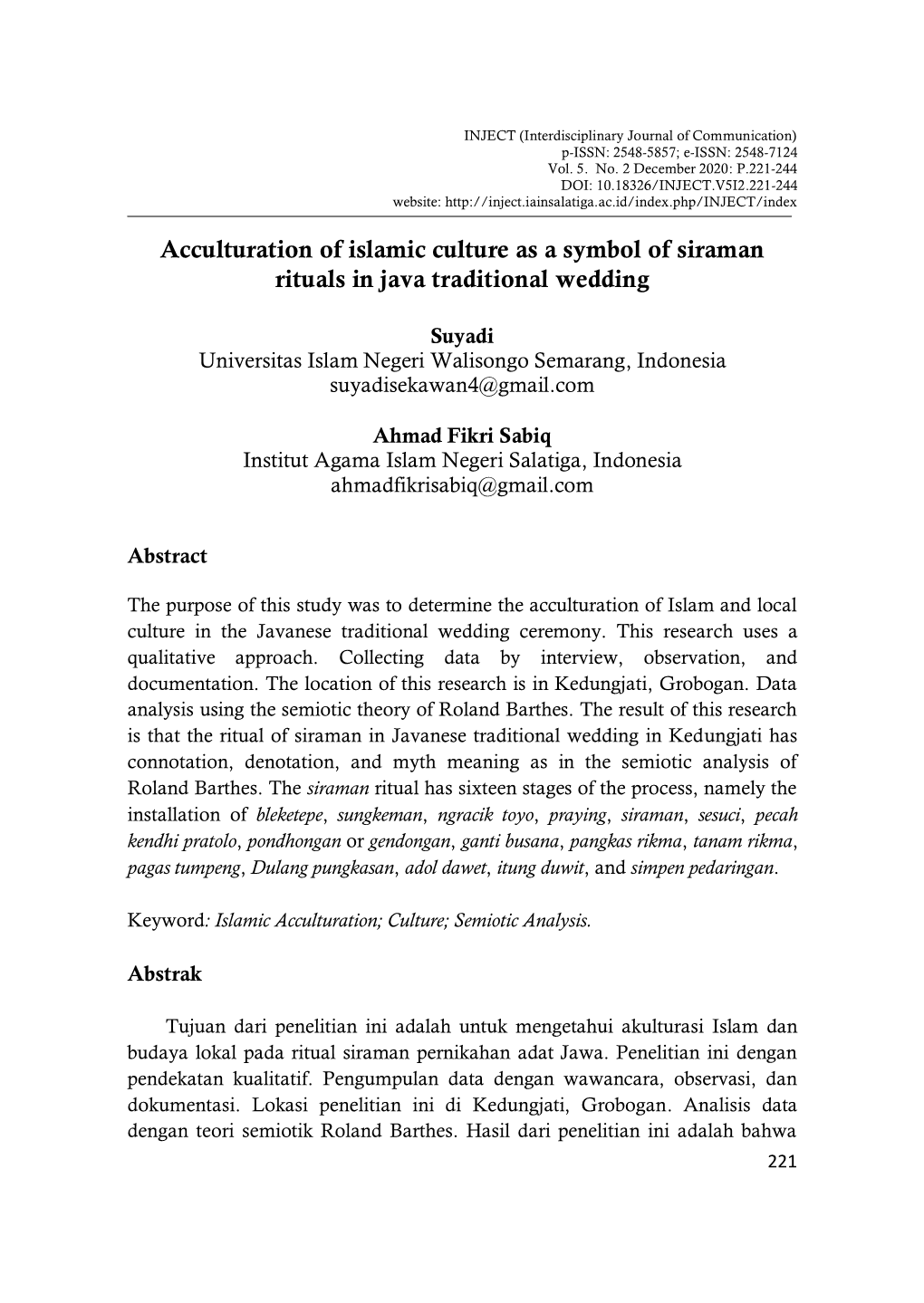 Acculturation of Islamic Culture As a Symbol of Siraman Rituals in Java Traditional Wedding