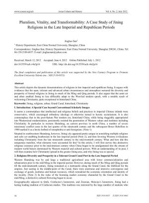 A Case Study of Jining Religions in the Late Imperial and Republican Periods