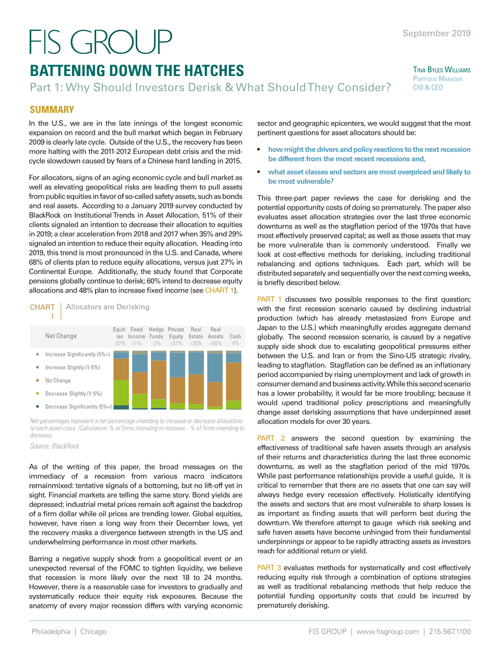 BATTENING DOWN the HATCHES Tina Byles Williams Portfolio Manager Part 1: Why Should Investors Derisk & What Should They Consider? CIO & CEO