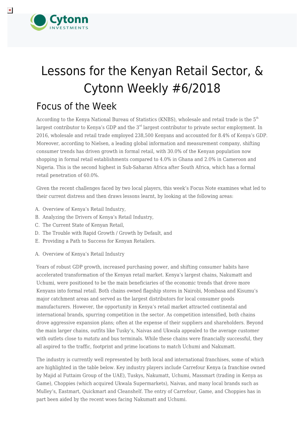 Lessons for the Kenyan Retail Sector, & Cytonn Weekly #6/2018