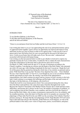 8Th Pastoral Letter of His Beatitude Patriarch Michel Sabbah Latin Patriarch of Jerusalem