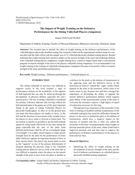 The Impact of Weight Training on the Defensive Performances for the Sitting Volleyball Players (Amputees)