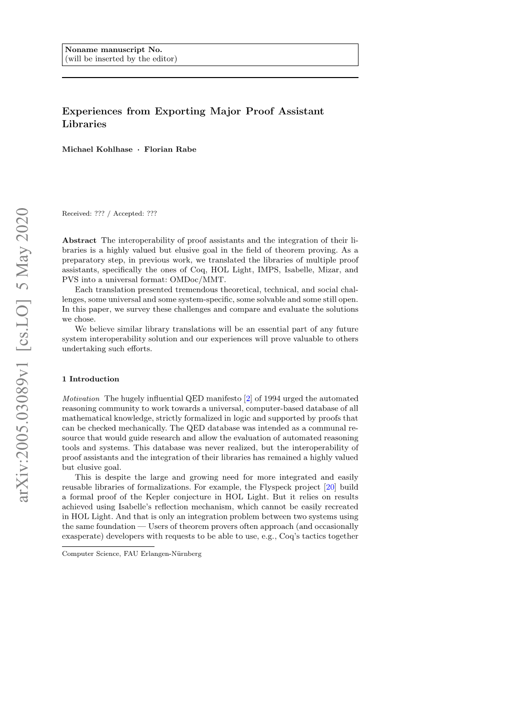 Arxiv:2005.03089V1 [Cs.LO] 5 May 2020 Abstract ??? Accepted: / ??? Received: Optrsine a Erlangen-N¨Urnberg E.G