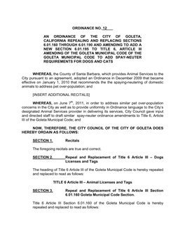 Ordinance No. 12___ an Ordinance of the City of Goleta, California Repealing and Replacing Sections 6.01.160 Through 6.01.190 An