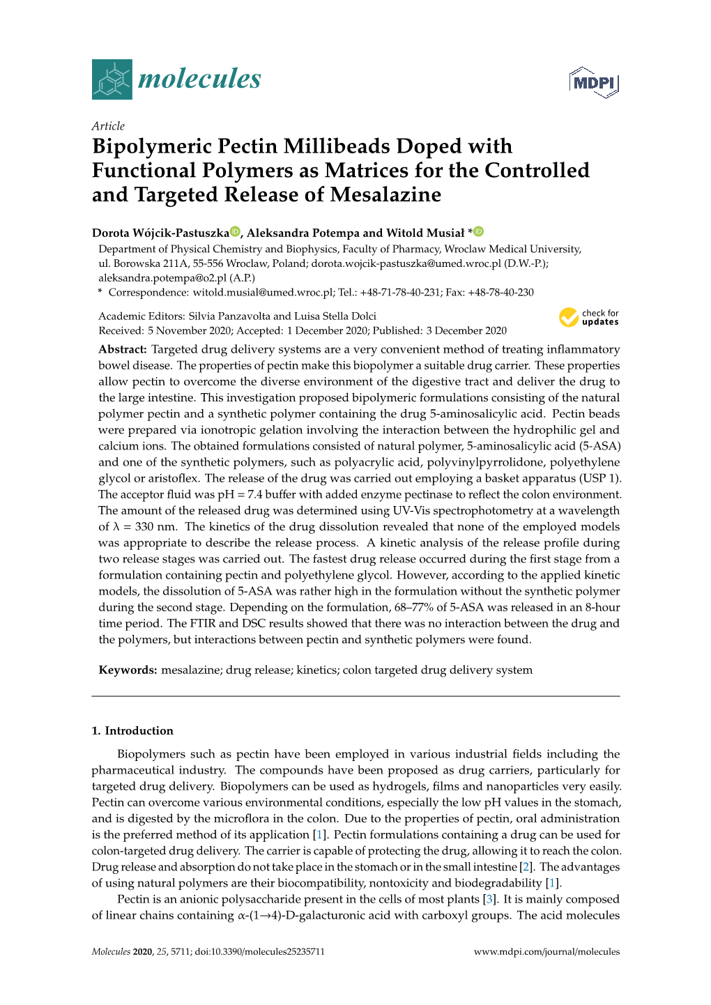 Bipolymeric Pectin Millibeads Doped with Functional Polymers As Matrices for the Controlled and Targeted Release of Mesalazine