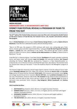 Sydney Film Festival Presents Freak Me out Program 06/05/2015