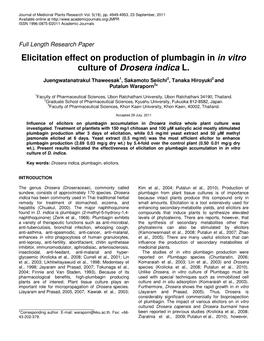 Elicitation Effect on Production of Plumbagin in in Vitro Culture of Drosera Indica L
