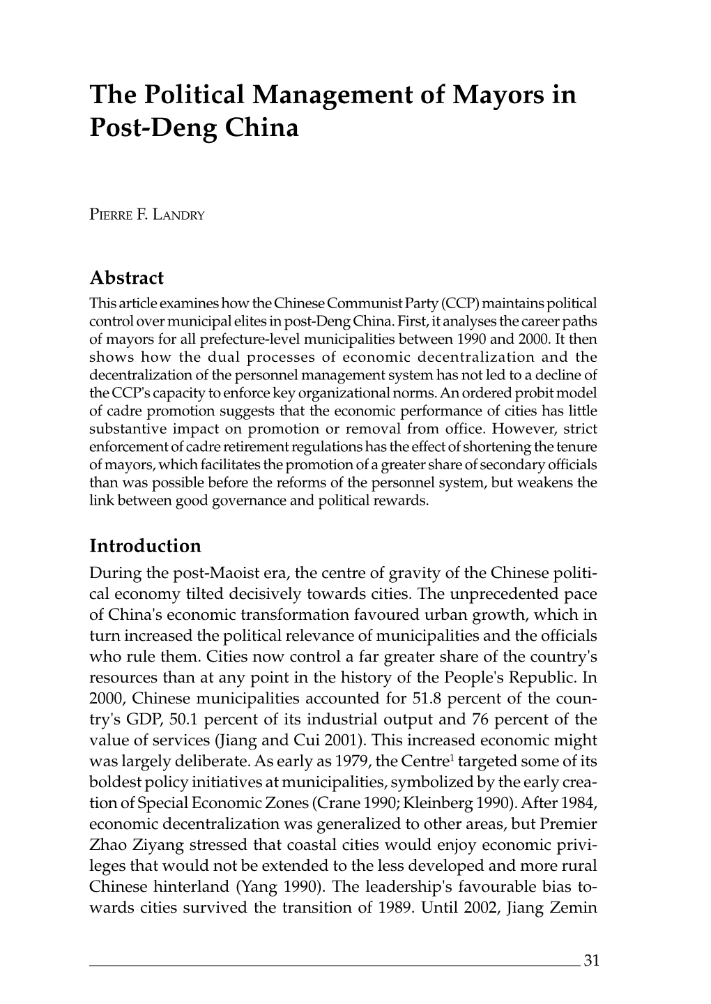 The Political Management of Mayors in Post-Deng China