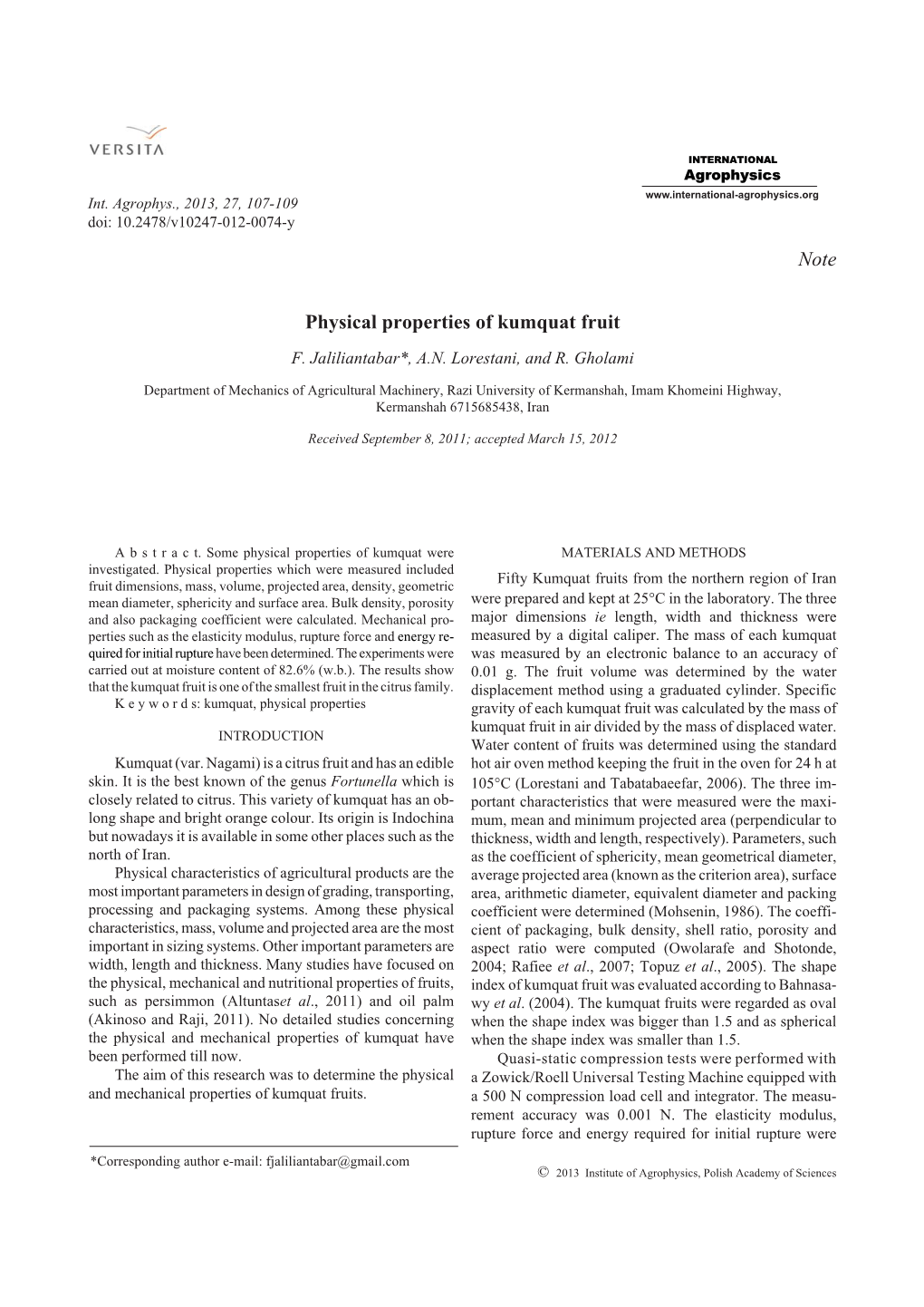 Physical Properties of Kumquat Fruit Note