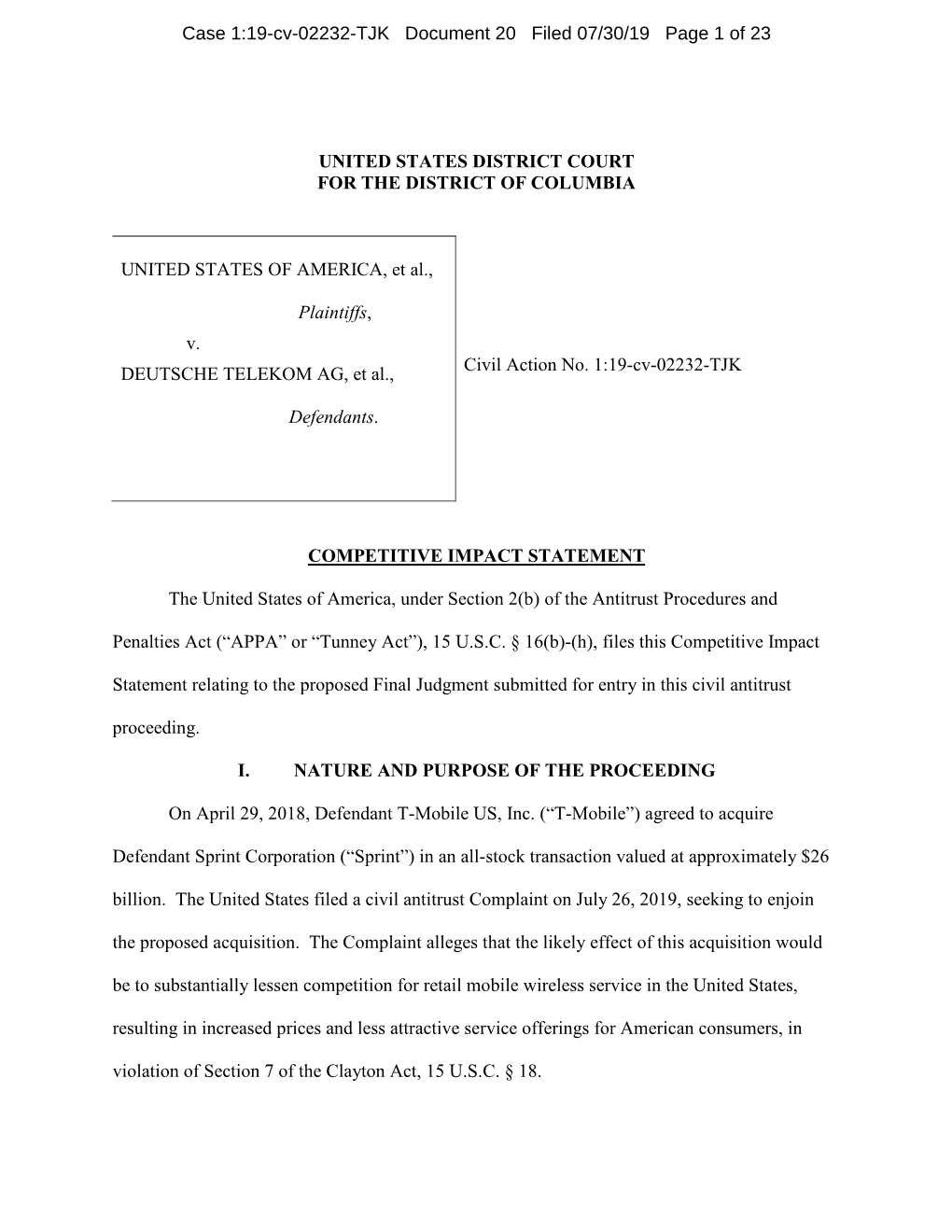 Case 1:19-Cv-02232-TJK Document 20 Filed 07/30/19 Page 1 of 23