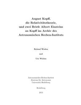 August Kopff, Die Relativitätstheorie, Und Zwei Briefe Albert Einsteins An