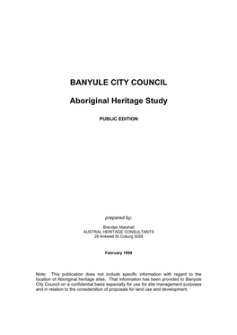 Banyule City Council Aboriginal Heritage Study (1999)