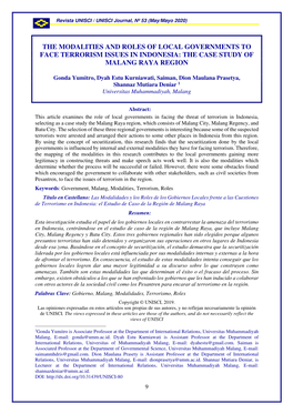 The Modalities and Roles of Local Governments to Face Terrorism Issues in Indonesia: the Case Study of Malang Raya Region