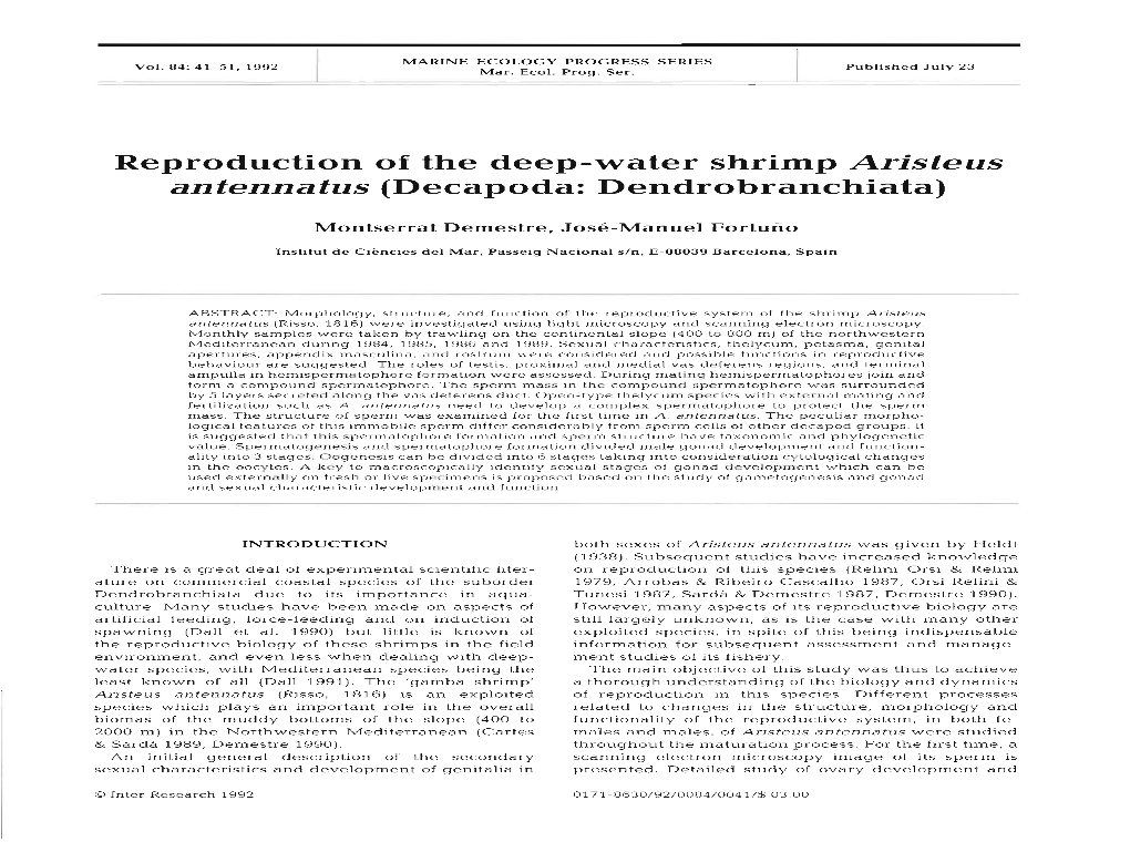 Reproduction of the Deep-Water Shrimp Aristeus Antennatus (Decapoda: Dendrobranchiata)