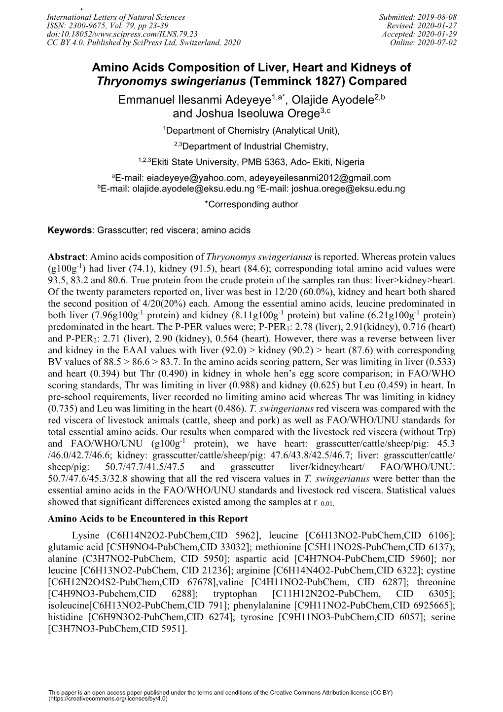 Amino Acids Composition of Liver, Heart and Kidneys of Thryonomys