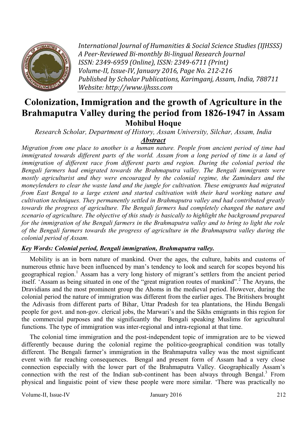 The Role of East Bengal Immigrants in the Agriculture of the Brahmaputra