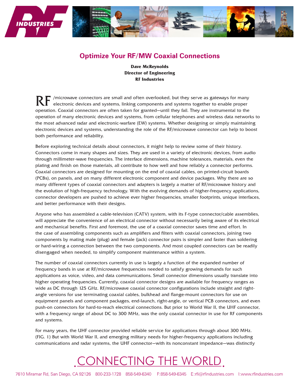 Optimize Your RF/MW Coaxial Connections Dave Mcreynolds Director of Engineering RF Industries