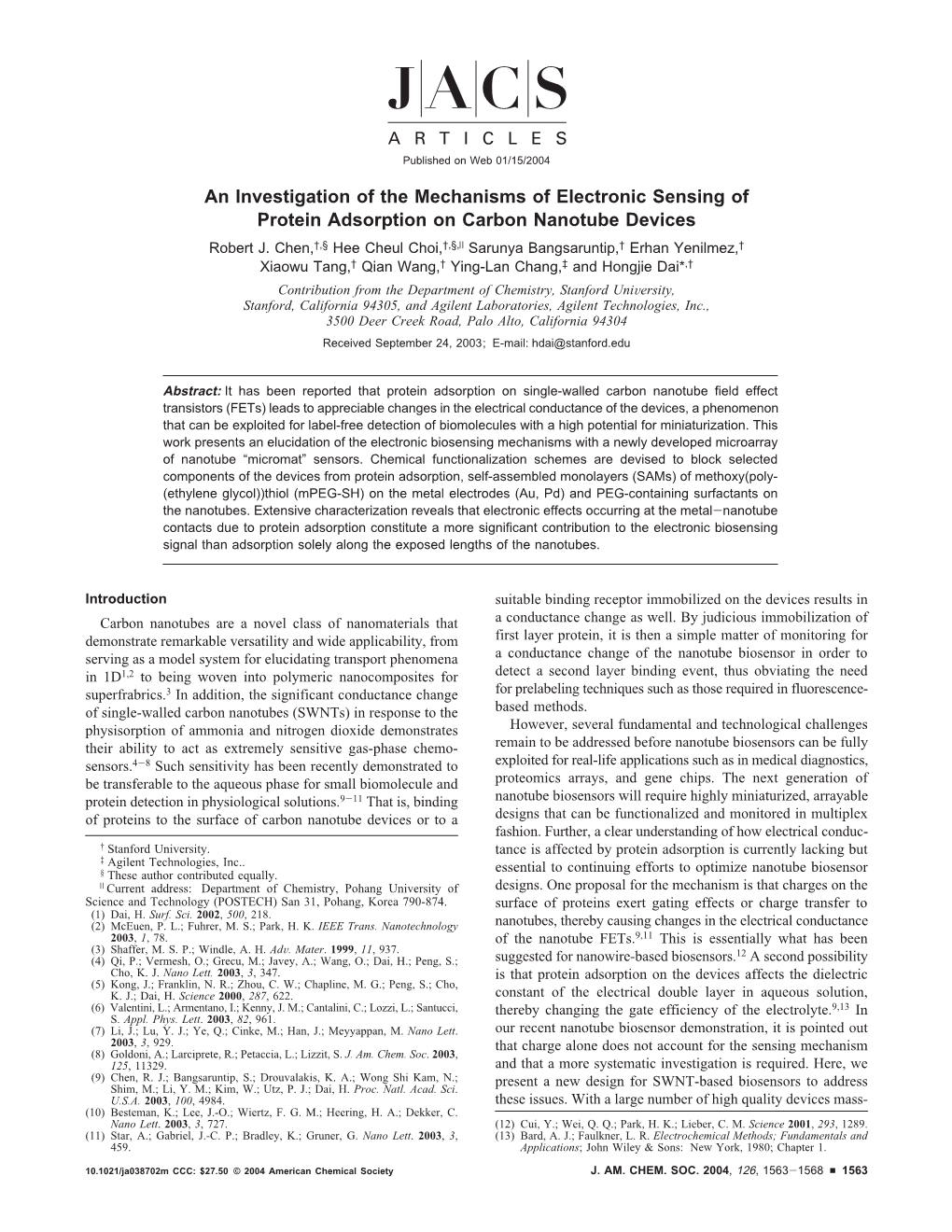 An Investigation of the Mechanisms of Electronic Sensing of Protein Adsorption on Carbon Nanotube Devices Robert J